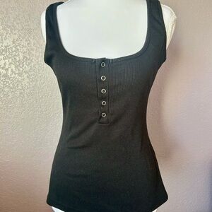Black Ribbed Henley Tank Top - Women's